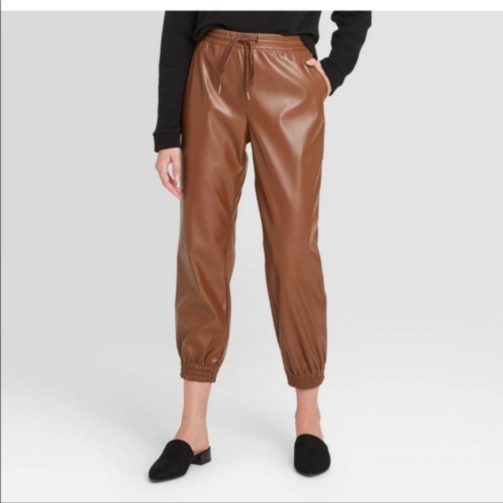 NWT A New Day Faux Leather Brown Joggers Women’s Pull on Pants